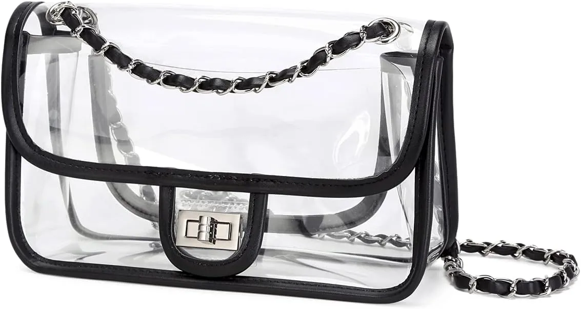 Womens PVC Clear Purse Handbag with Chain Stadium Approved Clear Bag See Through Bag for Working and Concert