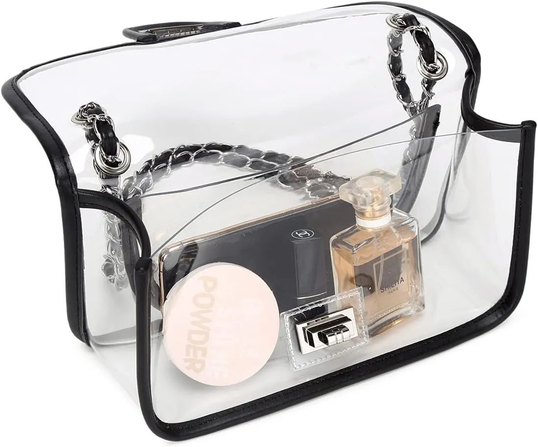 Womens PVC Clear Purse Handbag with Chain Stadium Approved Clear Bag See Through Bag for Working and Concert