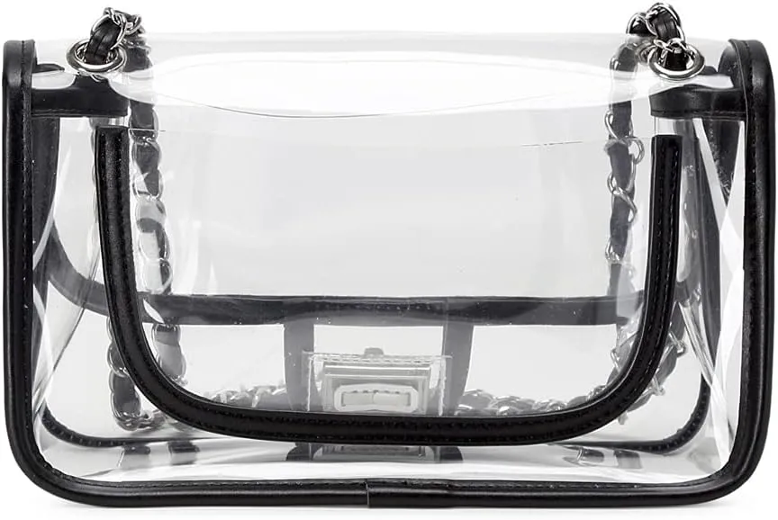 Womens PVC Clear Purse Handbag with Chain Stadium Approved Clear Bag See Through Bag for Working and Concert