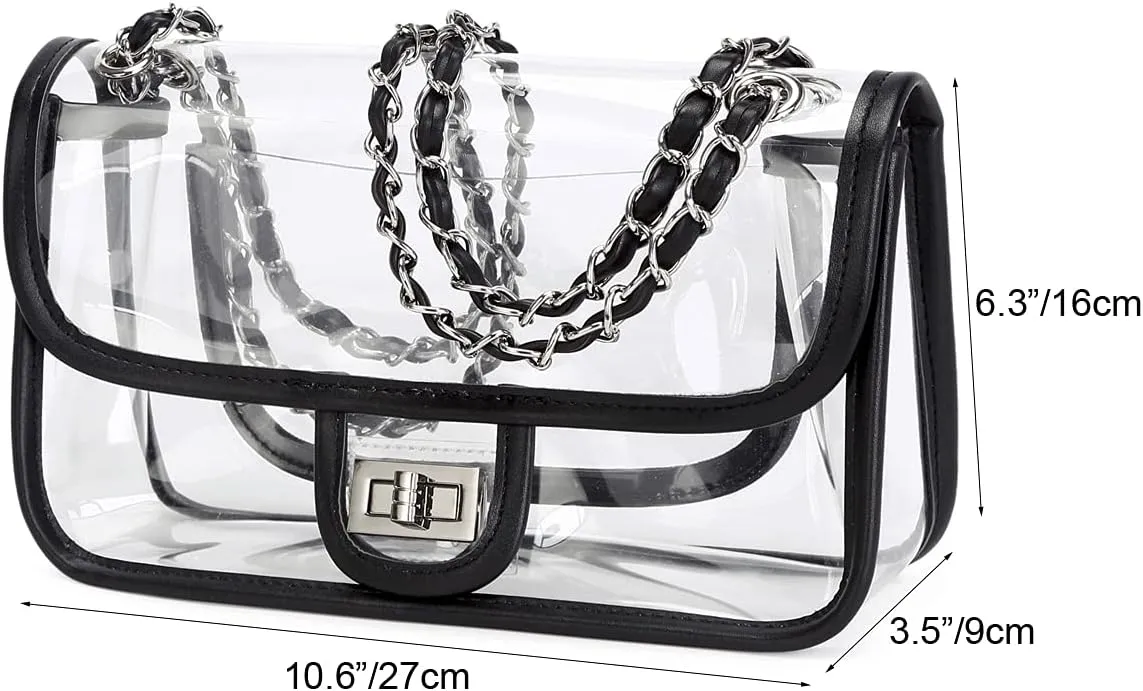 Womens PVC Clear Purse Handbag with Chain Stadium Approved Clear Bag See Through Bag for Working and Concert