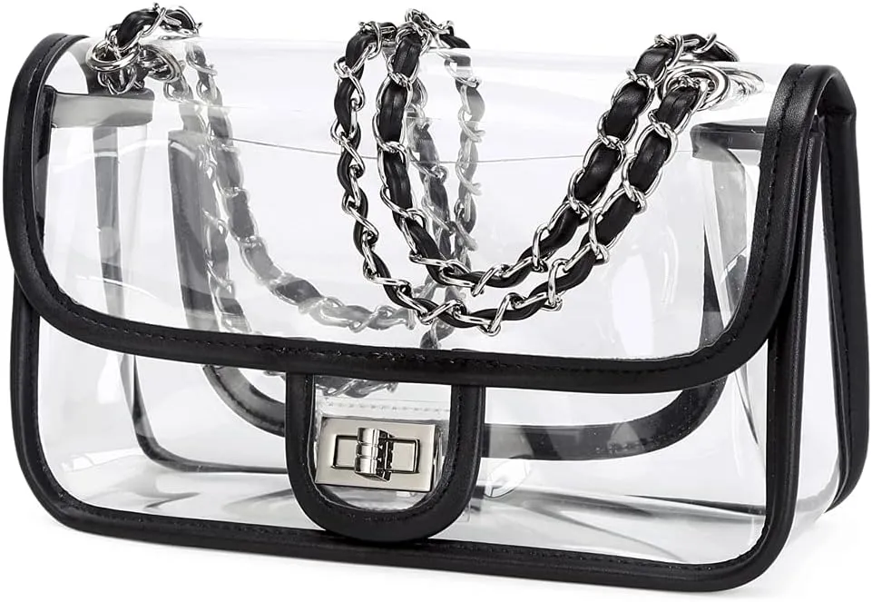 Womens PVC Clear Purse Handbag with Chain Stadium Approved Clear Bag See Through Bag for Working and Concert
