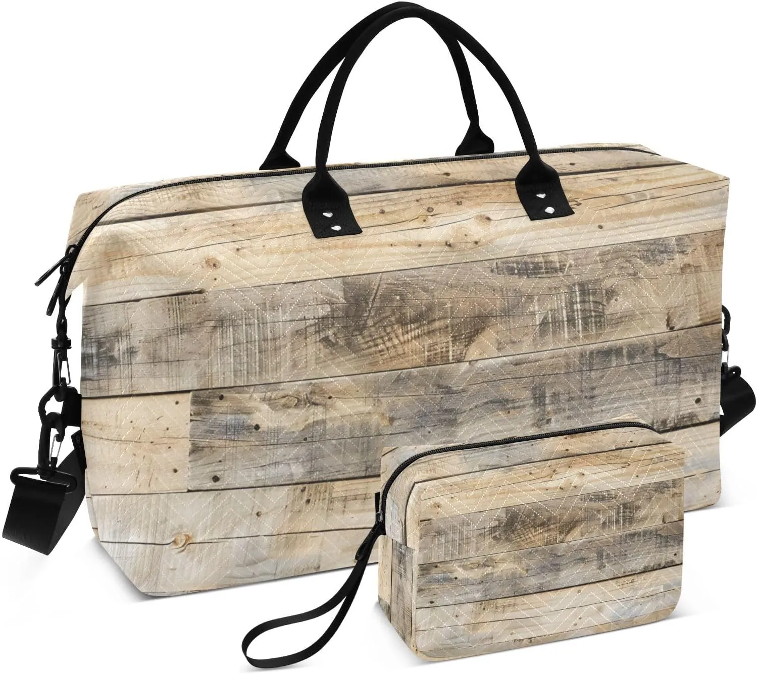 Wood Texture Rustic Duffel Bag for Traveling, Gym Bags with Multiple Interior Pockets for Women Men Toiletry Purse Included 20.5”x 1.9” x 13.8”