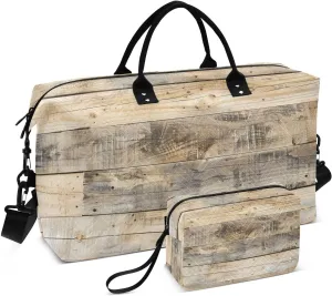 Wood Texture Rustic Duffel Bag for Traveling, Gym Bags with Multiple Interior Pockets for Women Men Toiletry Purse Included 20.5”x 1.9” x 13.8”