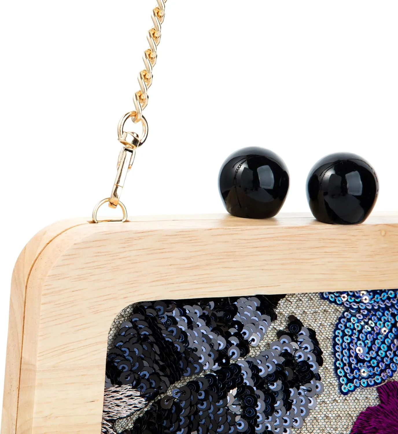 Wooden Handle Sequin Embroidered Floral Handbag with Detachable Shoulder Strap Evening Purse for Wedding Party