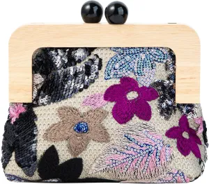 Wooden Handle Sequin Embroidered Floral Handbag with Detachable Shoulder Strap Evening Purse for Wedding Party