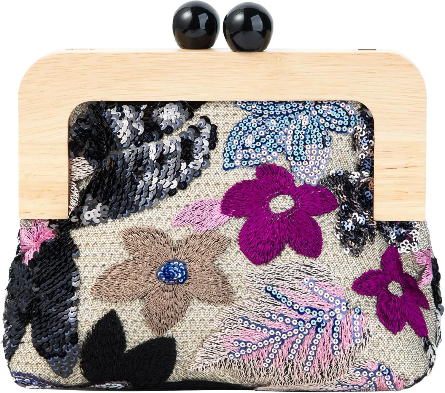 Wooden Handle Sequin Embroidered Floral Handbag with Detachable Shoulder Strap Evening Purse for Wedding Party