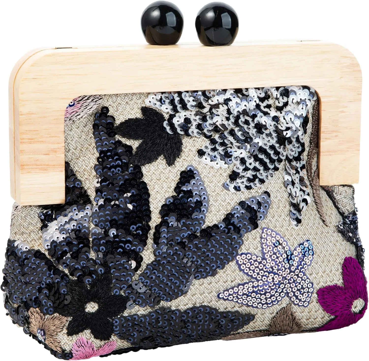Wooden Handle Sequin Embroidered Floral Handbag with Detachable Shoulder Strap Evening Purse for Wedding Party