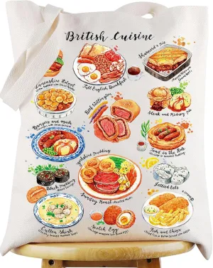 WZMPA British Cuisine Tote Bag - British Trip Gift & Travel Shoulder Bag - Gourmet Merchandise