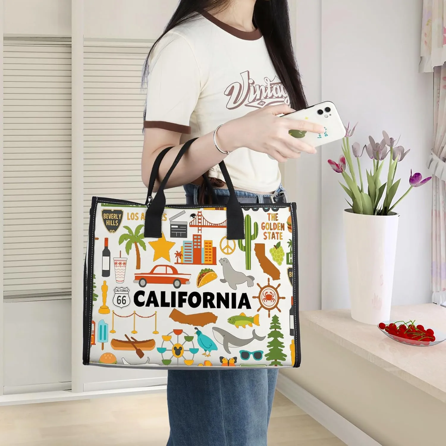 WZMPA California Travel Tote Bag - Vacation Gift & Shopping Grocery Bag - Souvenir Gift