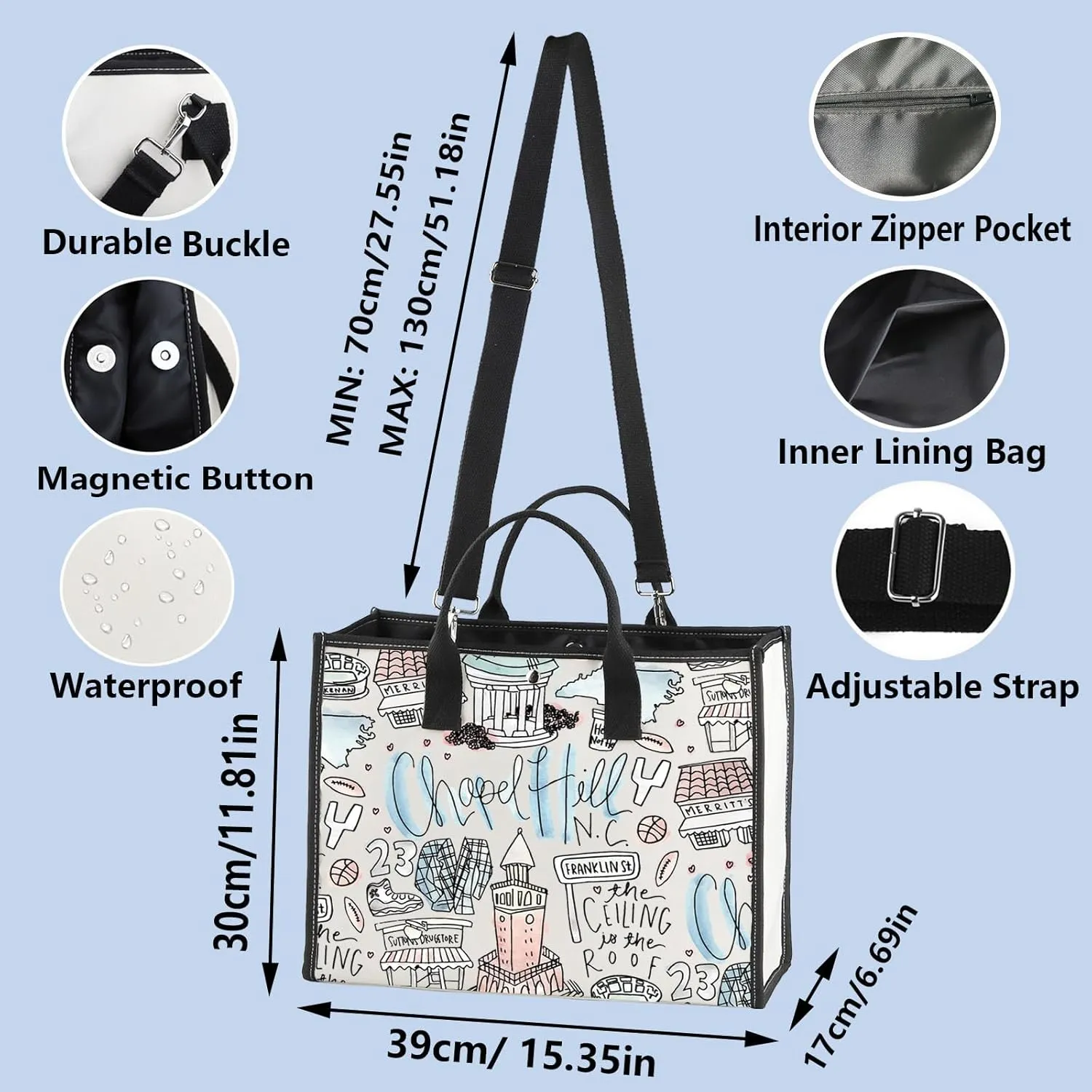 WZMPA Chapel Hill North Carolina Travel Tote Bag - Chapel Hill Souvenir Gift Reusable Grocery Bag