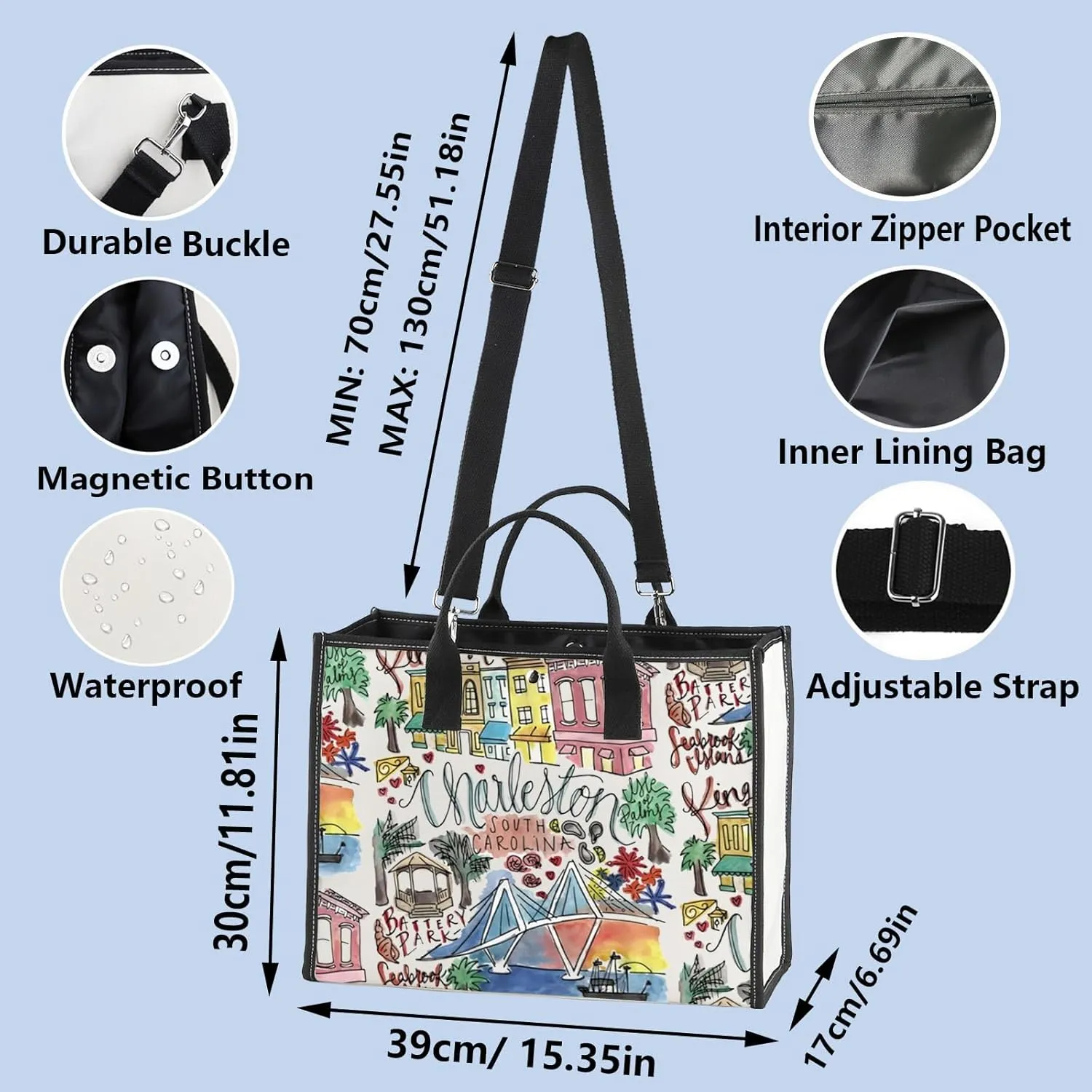 WZMPA Charleston South Carolina Travel Tote Bag Souvenir Gift Vacation Reusable Grocery Bag