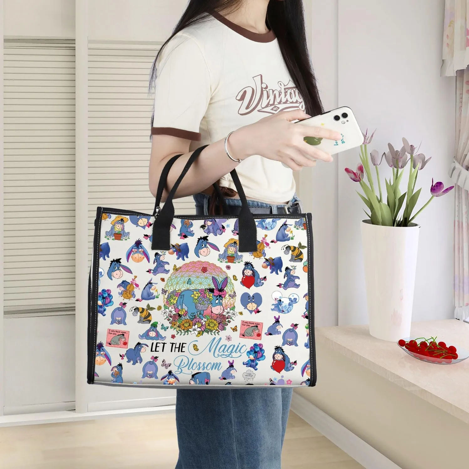 WZMPA Donkey Tote Bag Movie Fans Gift Let The Magic Blossom Reusable Grocery Bag Cartoon Merchandise