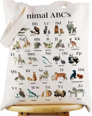 WZMPA Funny Animals ABC Alphabet Tote Bag ABC Learning Gift ABC Animals Identification Shoulder Bag For Animals Lover