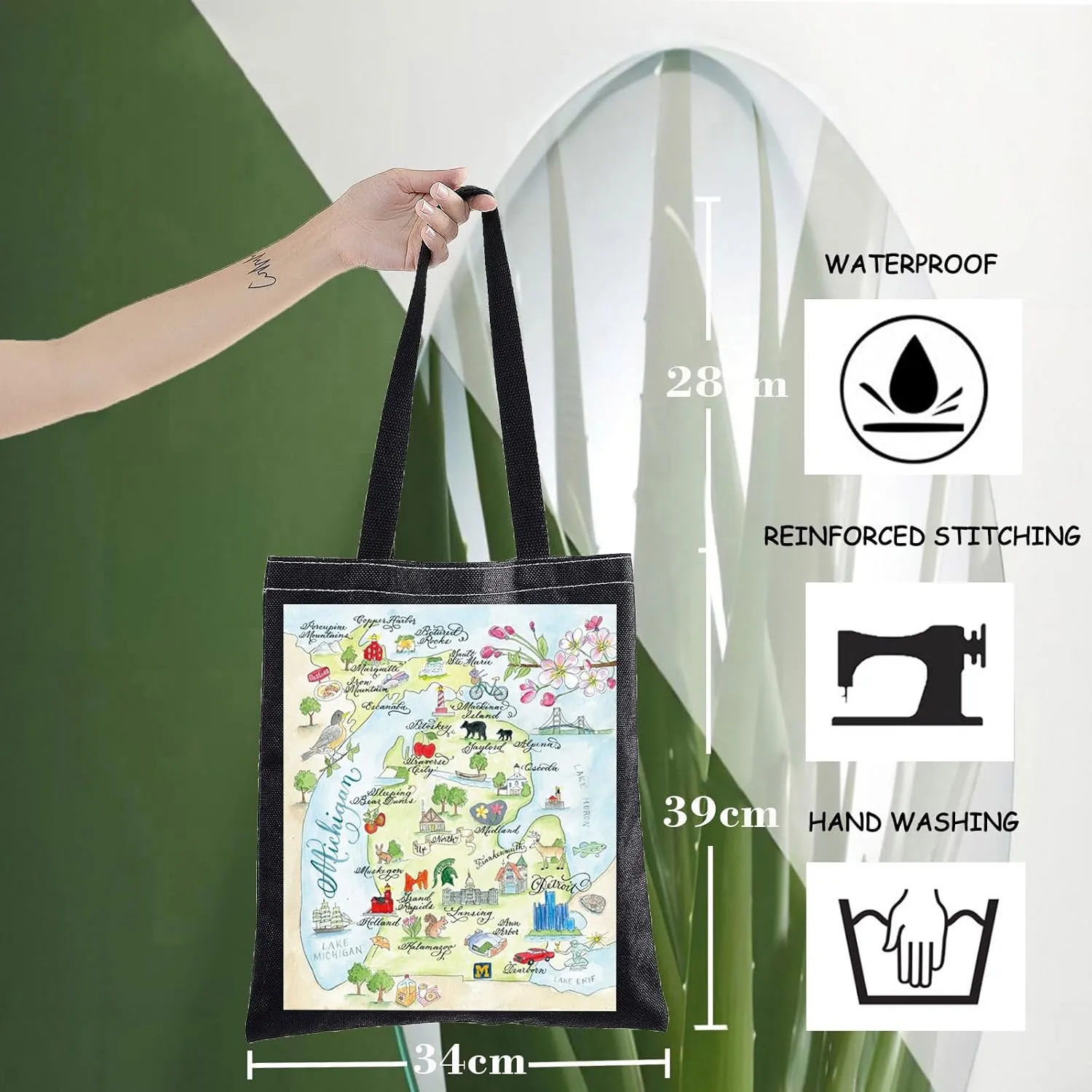 WZMPA Michigan State Map Tote Bag - Michigan Souvenir Gift, Vacation & Trip Shoulder Bag