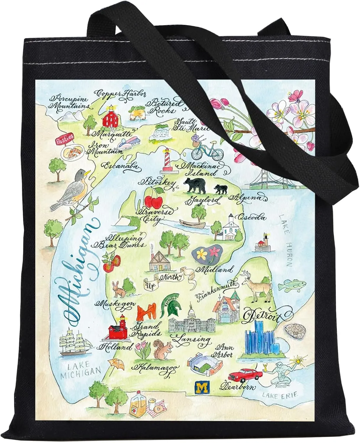 WZMPA Michigan State Map Tote Bag - Michigan Souvenir Gift, Vacation & Trip Shoulder Bag