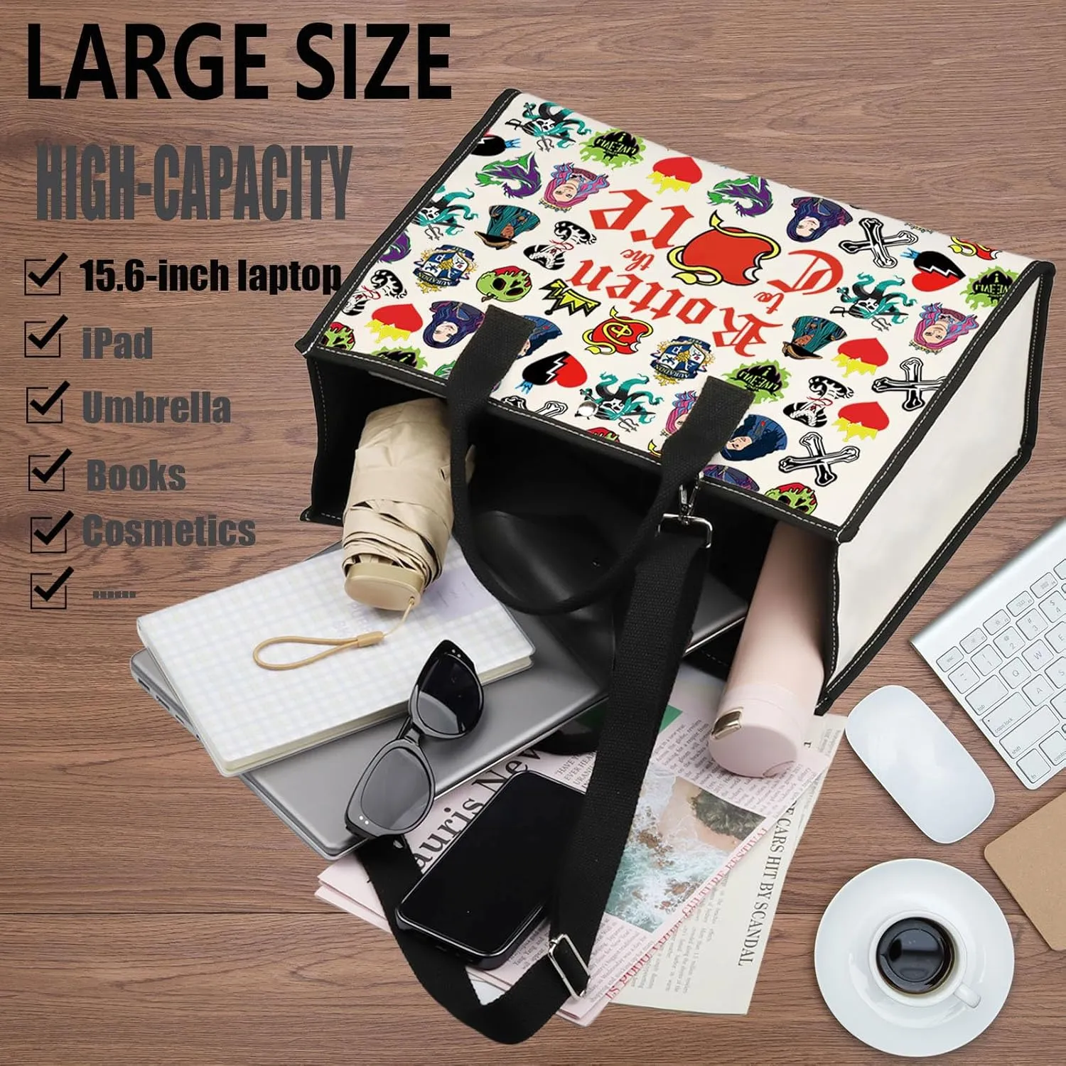 WZMPA Movie Canvas Tote Bag Mal Evie Fans Gift Rotten To The Core Shoulder Bag Evil Queen Merchdise