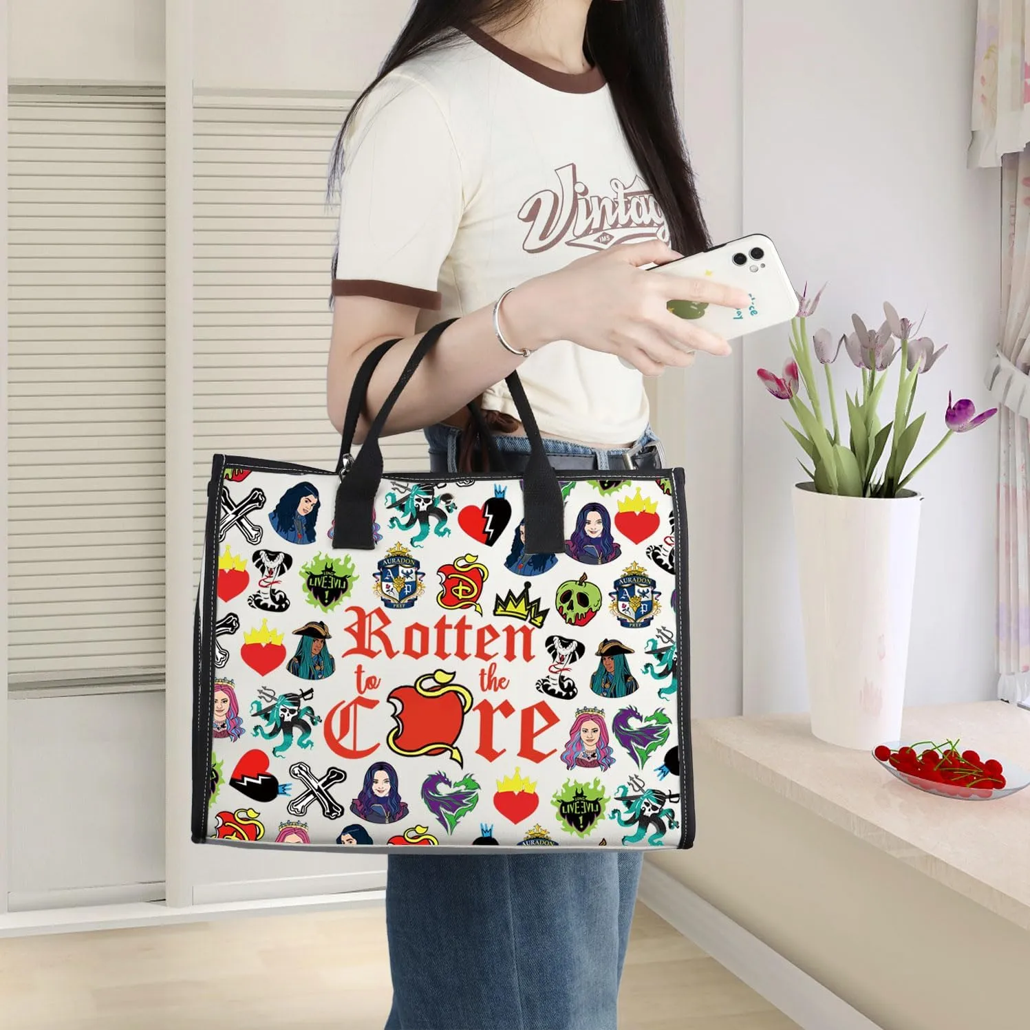 WZMPA Movie Canvas Tote Bag Mal Evie Fans Gift Rotten To The Core Shoulder Bag Evil Queen Merchdise