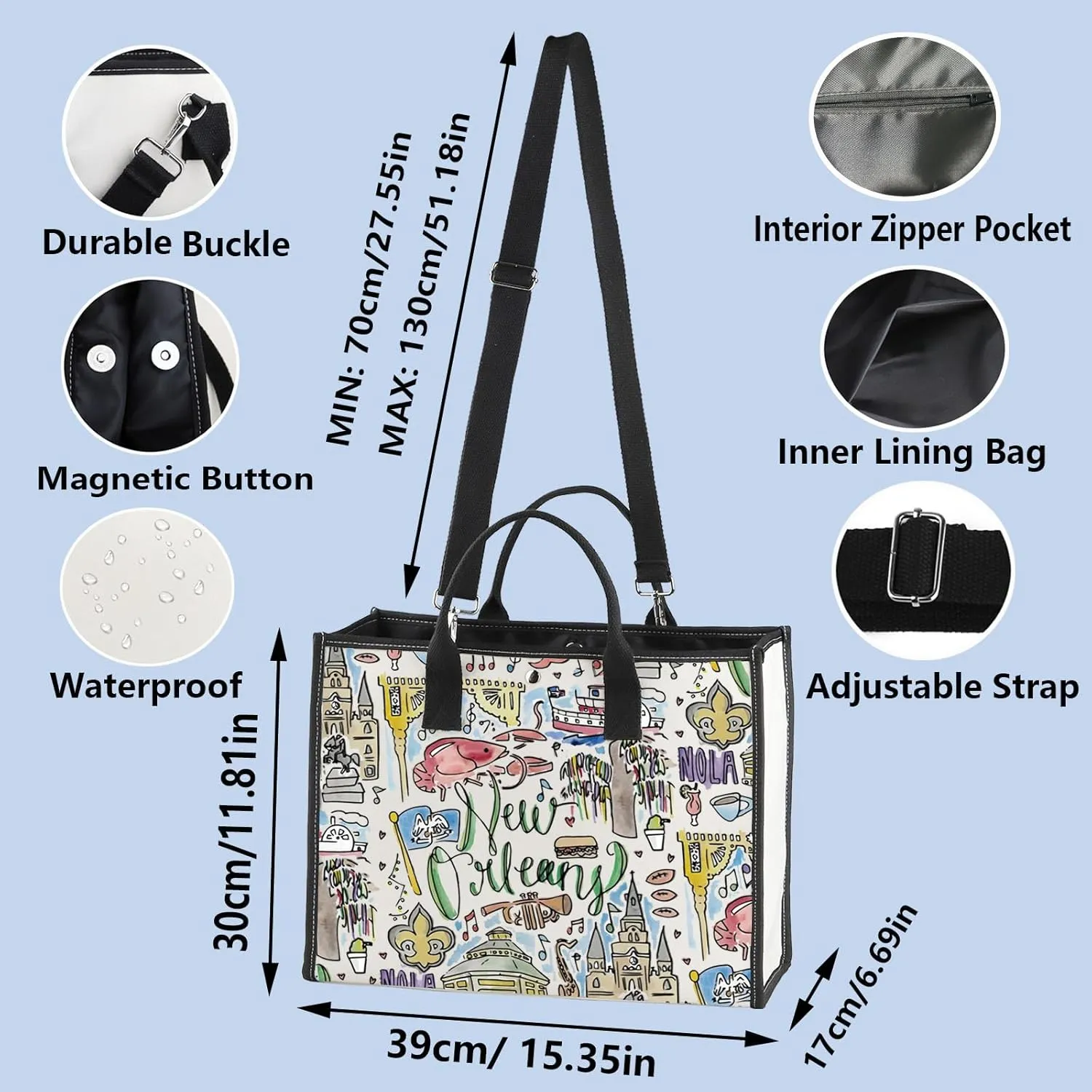 WZMPA New Orleans Travel Tote Bag - Louisiana Souvenir Gift - Reusable Grocery Bag