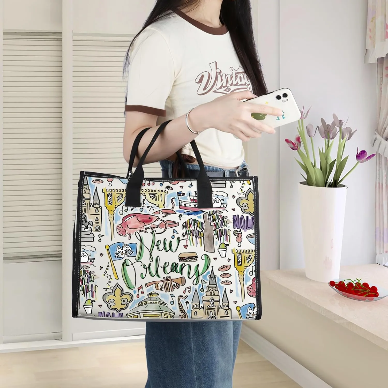 WZMPA New Orleans Travel Tote Bag - Louisiana Souvenir Gift - Reusable Grocery Bag