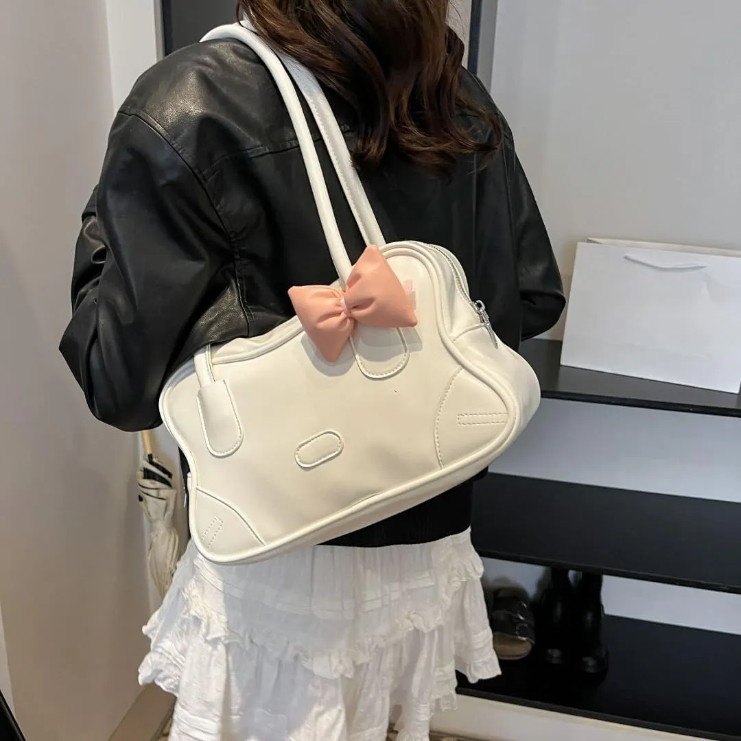 Y2k Bow Tote Bag for Women Aesthetic Shoulder Bag Handbag Faux Leather Hobo Bag Aesthetic Underarm Trendy Purse
