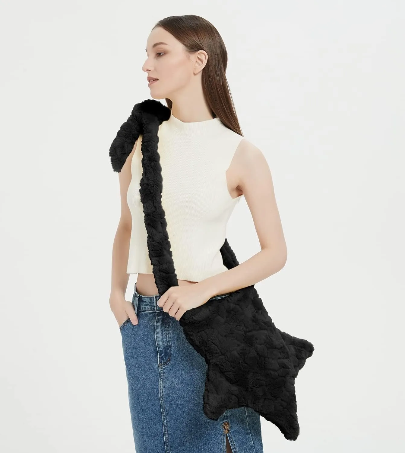Y2K Furry Purse Star Shaped Heart-shaped Shoulder Bag Faux Fur Pentagram Handbag Fluffy Tote Plush Bag for Women