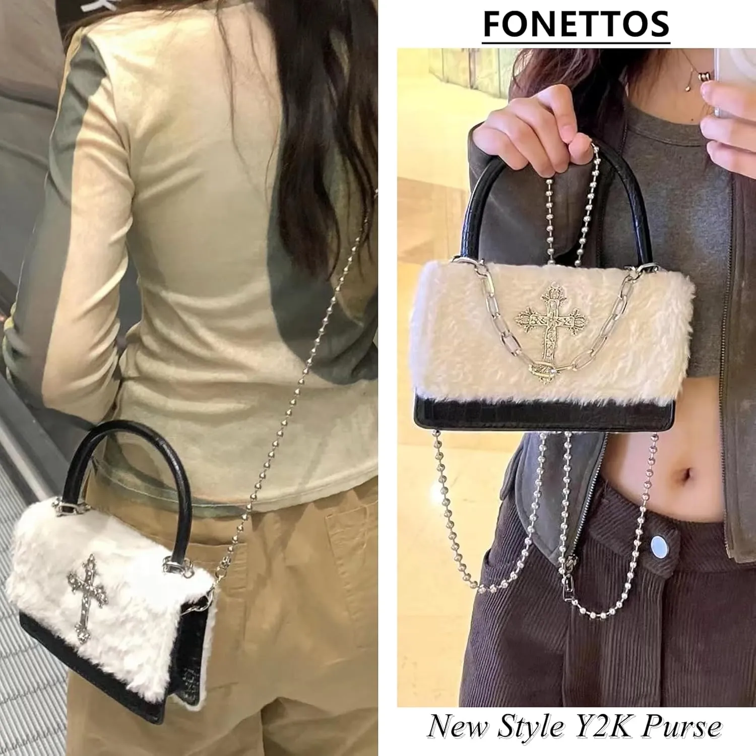 Y2K Gothic Punk Handbag Indie Cross Studded Shoulder bag for Egirl Woman Kawaii Purse Cool Girl Crossbody Fluffy Bag