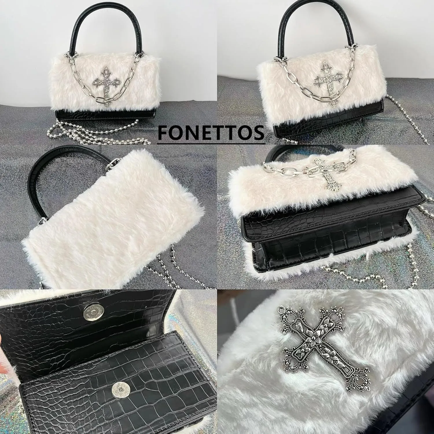 Y2K Gothic Punk Handbag Indie Cross Studded Shoulder bag for Egirl Woman Kawaii Purse Cool Girl Crossbody Fluffy Bag
