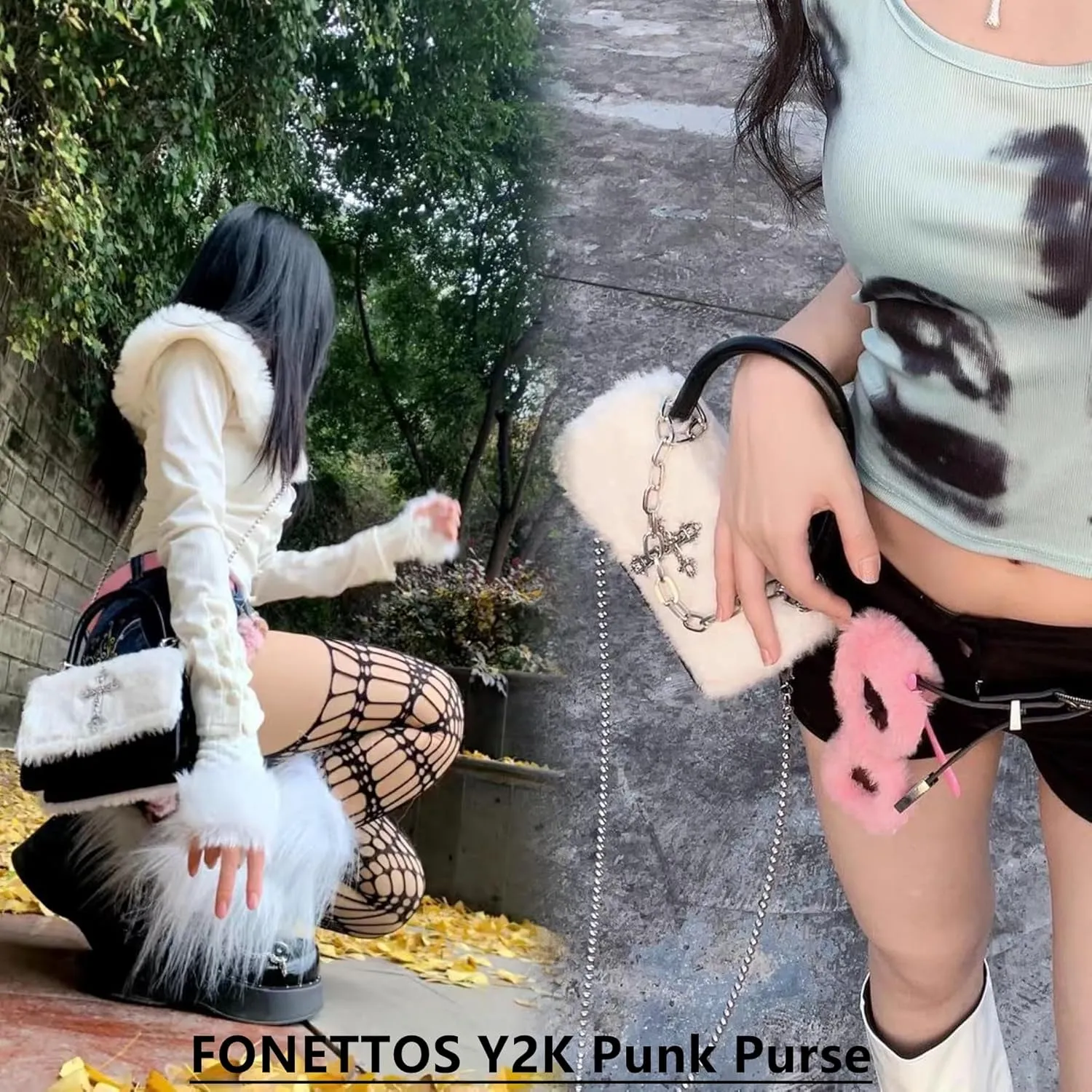 Y2K Gothic Punk Handbag Indie Cross Studded Shoulder bag for Egirl Woman Kawaii Purse Cool Girl Crossbody Fluffy Bag