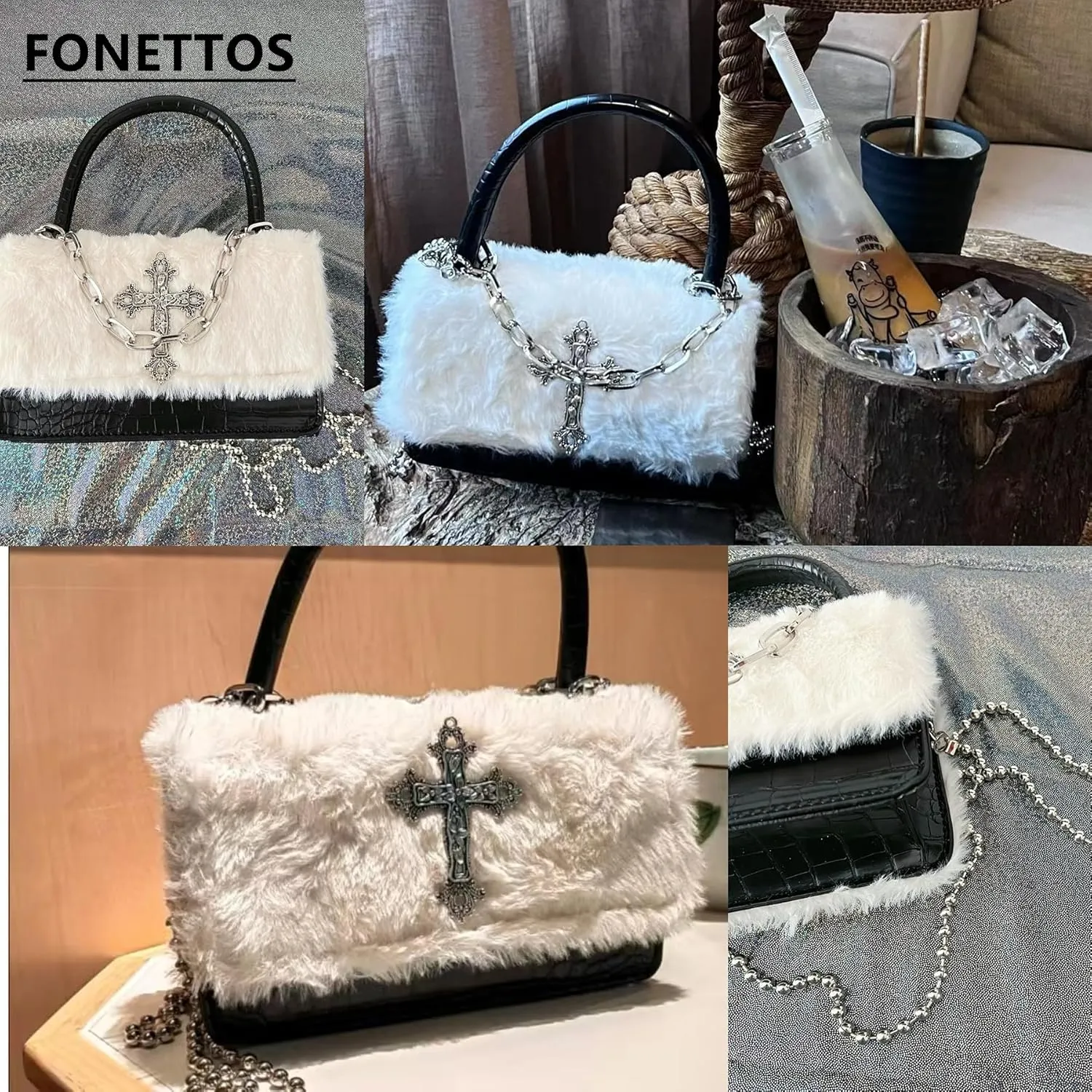 Y2K Gothic Punk Handbag Indie Cross Studded Shoulder bag for Egirl Woman Kawaii Purse Cool Girl Crossbody Fluffy Bag