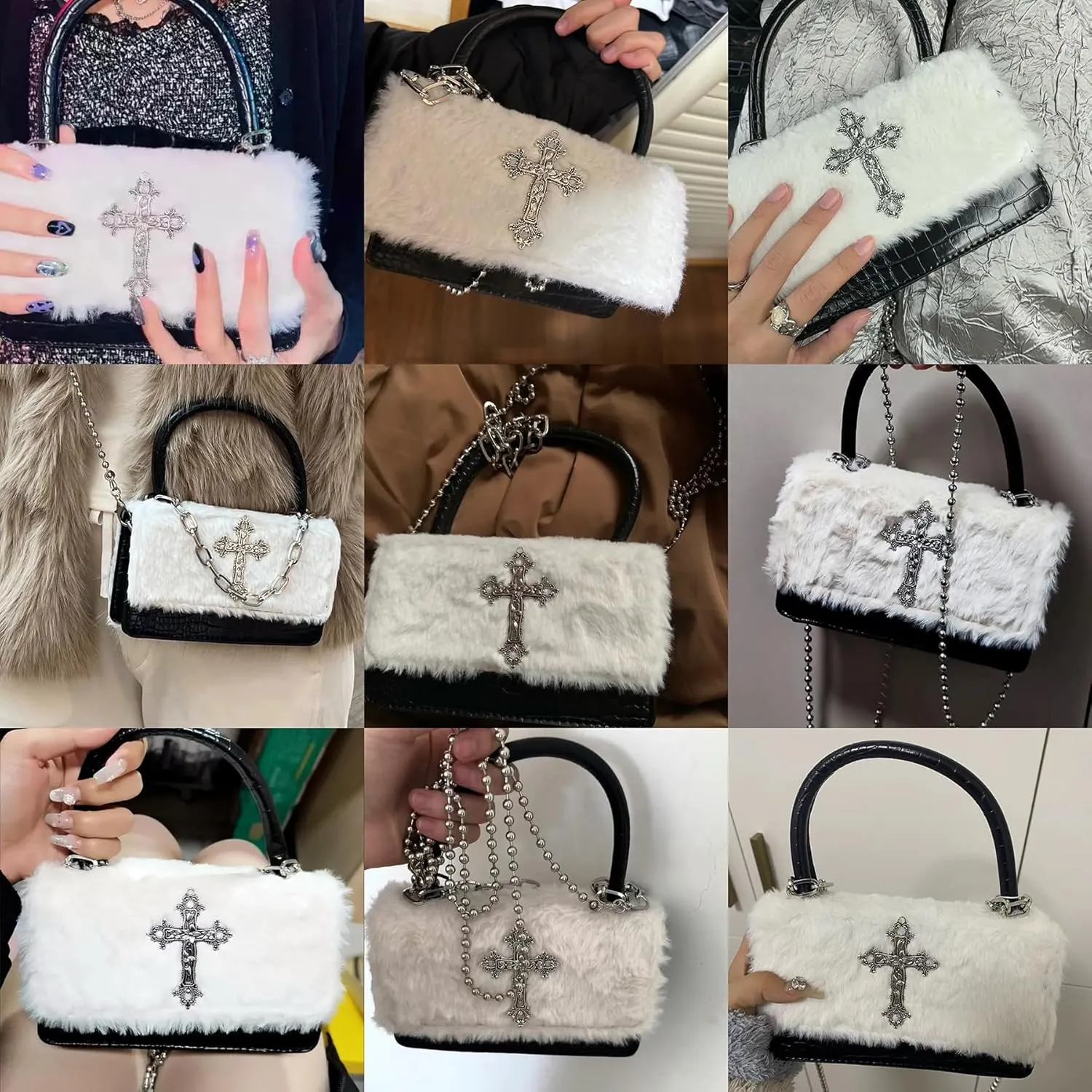 Y2K Gothic Punk Handbag Indie Cross Studded Shoulder bag for Egirl Woman Kawaii Purse Cool Girl Crossbody Fluffy Bag