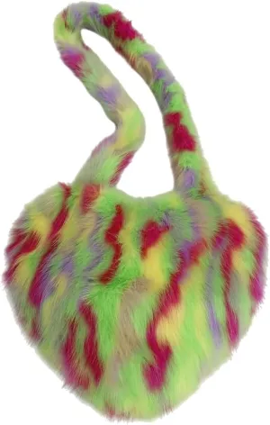 Y2k Purse Crossbody Bags for Women Faux Fur Purse Heart Shaped Purse Satchel Multicolored Shoulder Bag Trendy Fuzzy Bag
