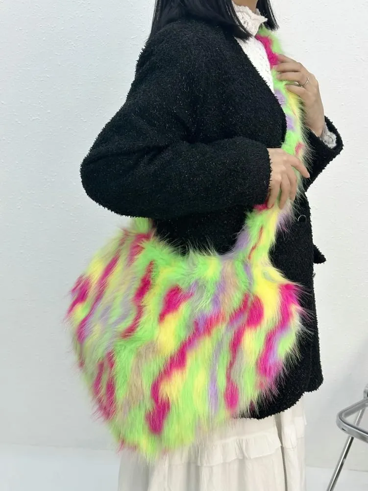 Y2k Purse Crossbody Bags for Women Faux Fur Purse Heart Shaped Purse Satchel Multicolored Shoulder Bag Trendy Fuzzy Bag