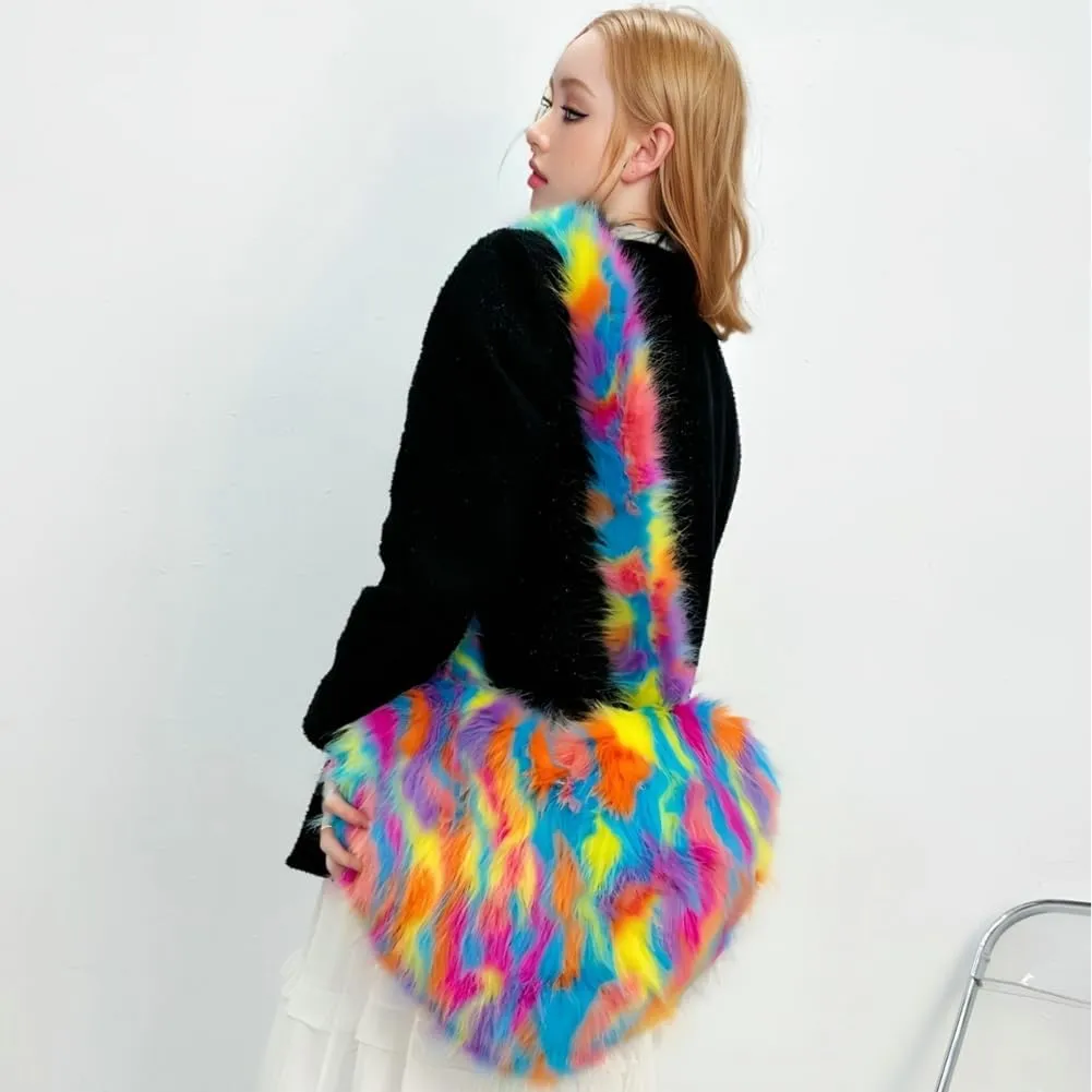 Y2k Purse Crossbody Bags for Women Faux Fur Purse Heart Shaped Purse Satchel Multicolored Shoulder Bag Trendy Fuzzy Bag