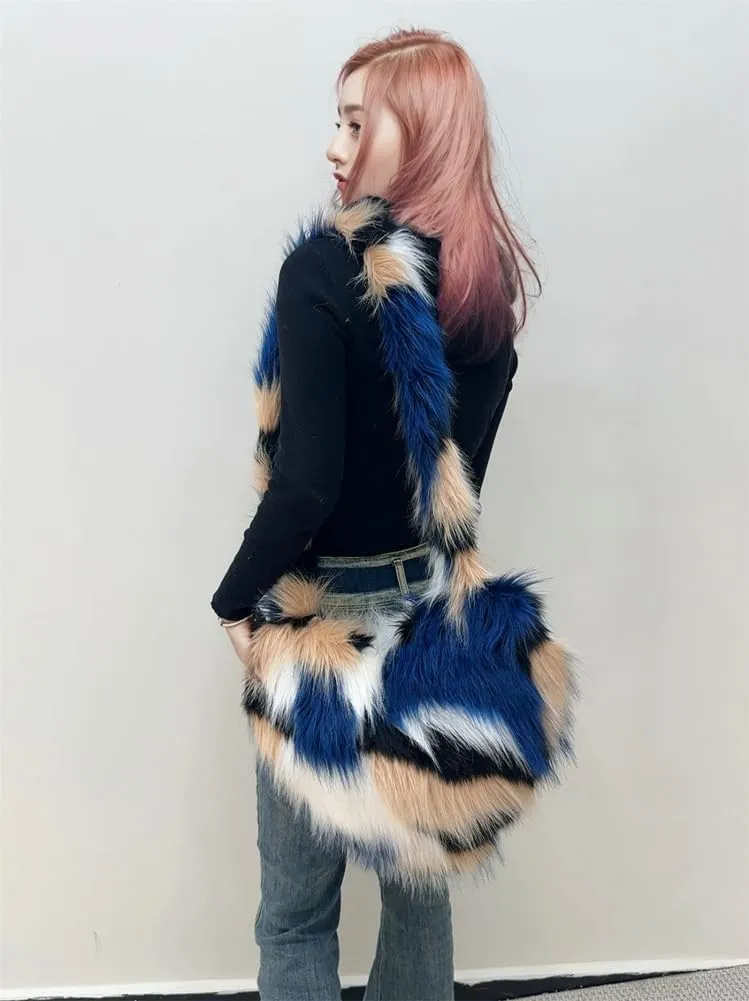 Y2k Purse Crossbody Bags for Women Faux Fur Purse Heart Shaped Purse Satchel Multicolored Shoulder Bag Trendy Fuzzy Bag