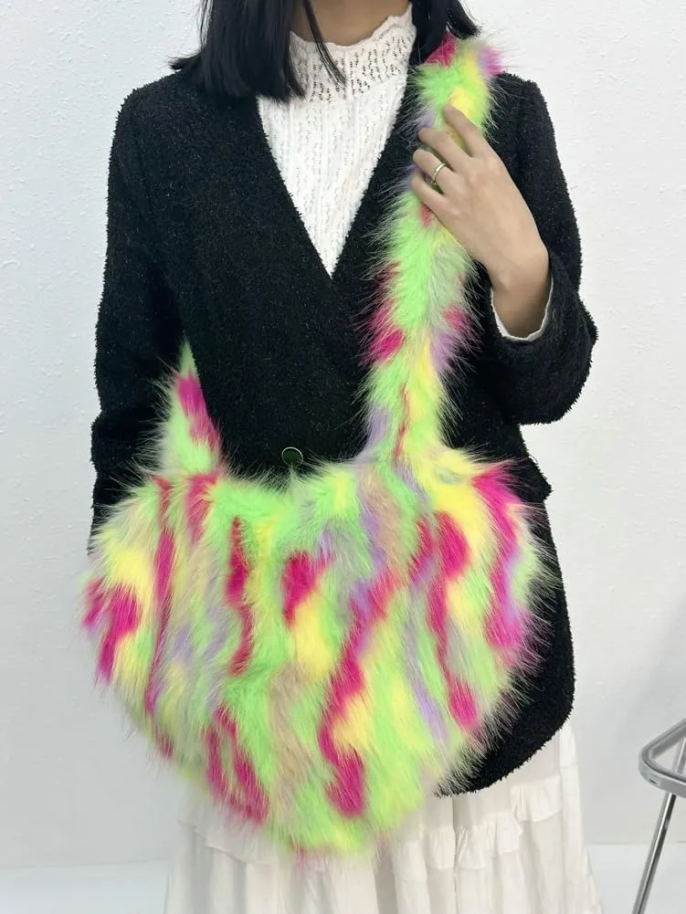 Y2k Purse Crossbody Bags for Women Faux Fur Purse Heart Shaped Purse Satchel Multicolored Shoulder Bag Trendy Fuzzy Bag