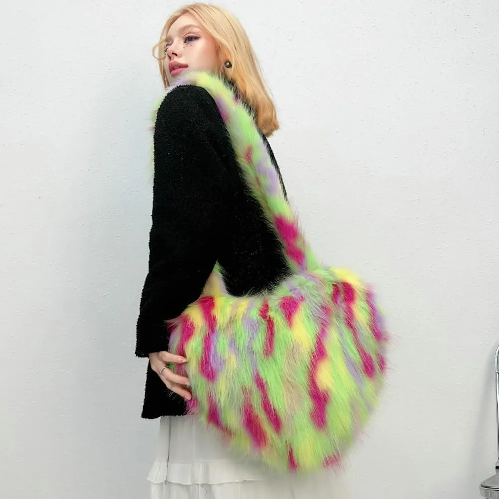 Y2k Purse Crossbody Bags for Women Faux Fur Purse Heart Shaped Purse Satchel Multicolored Shoulder Bag Trendy Fuzzy Bag