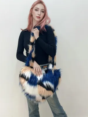 Y2k Purse Crossbody Bags for Women Faux Fur Purse Heart Shaped Purse Satchel Multicolored Shoulder Bag Trendy Fuzzy Bag