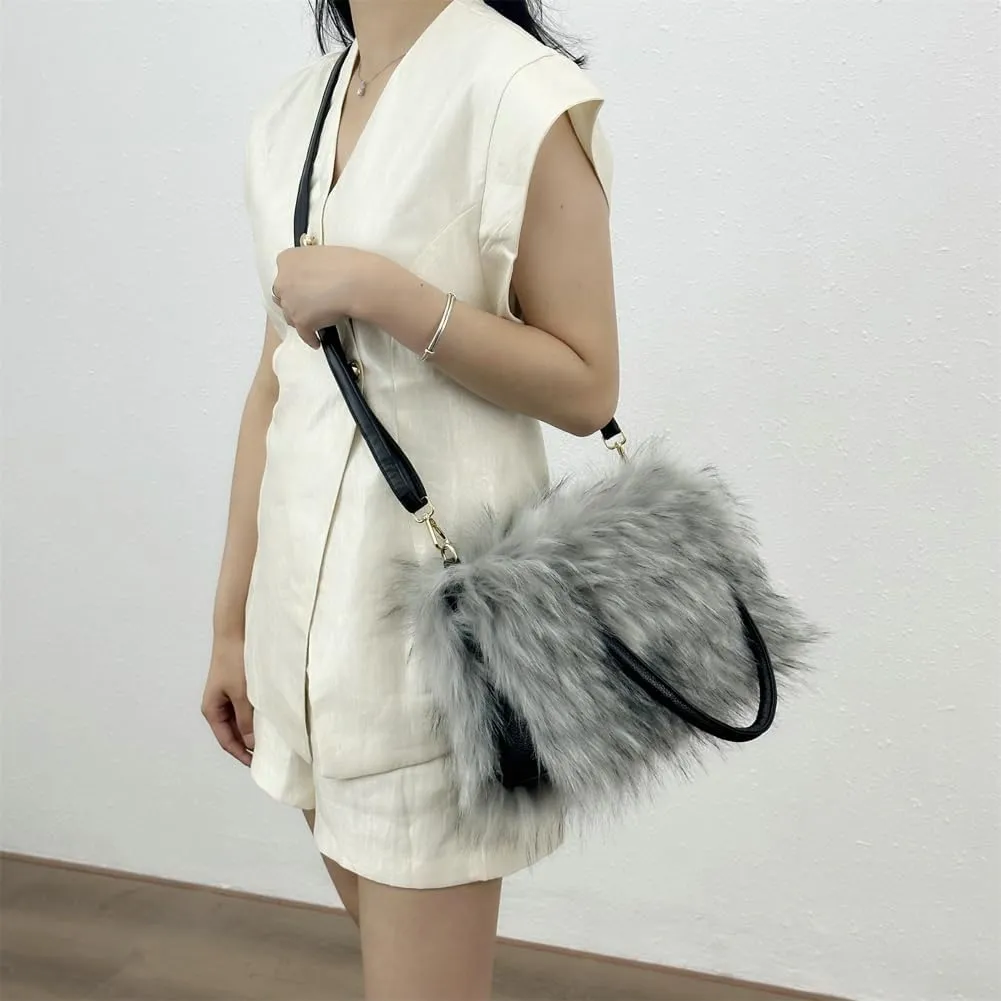 Y2k Purse Hobo Bags for Women Faux Fur Purse Large Capacity Tote Bag Women's Top-handle Handbags Satchel Crossbody Bag