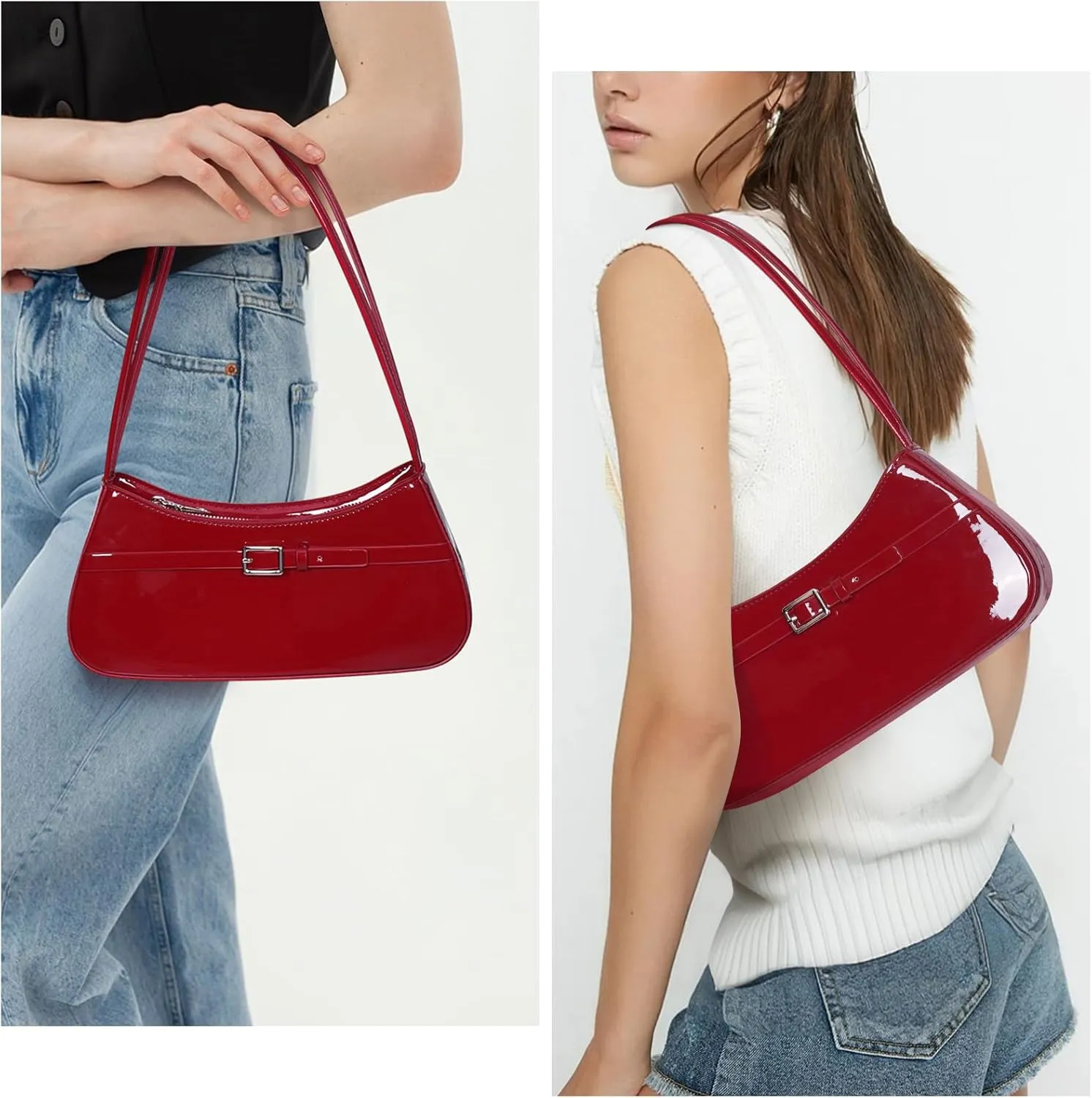 Y2k Shoulder Bag Red Patent Leather Purse For Women Small Vintage Handbag Burgundy Hobo Bags Faux Leather Underarm