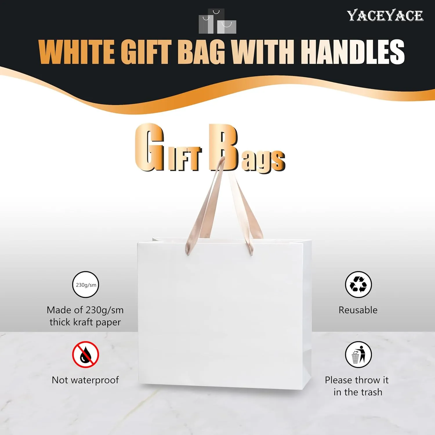 YACEYACE White Gift Bags - Large Size, 20 Pcs, 12.5x4.5x11 Inch Paper Gift Bags with Ribbon Handles