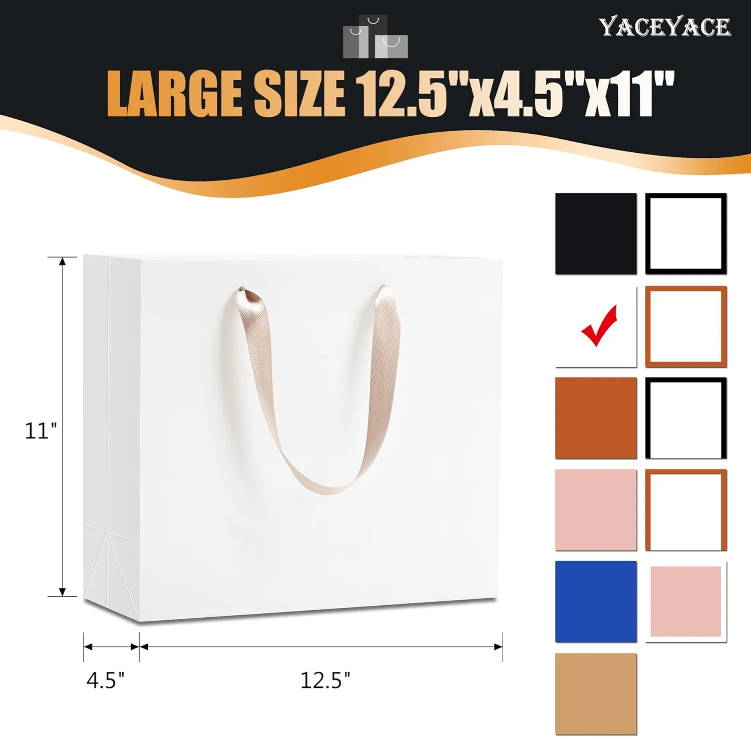 YACEYACE White Gift Bags - Large Size, 20 Pcs, 12.5x4.5x11 Inch Paper Gift Bags with Ribbon Handles