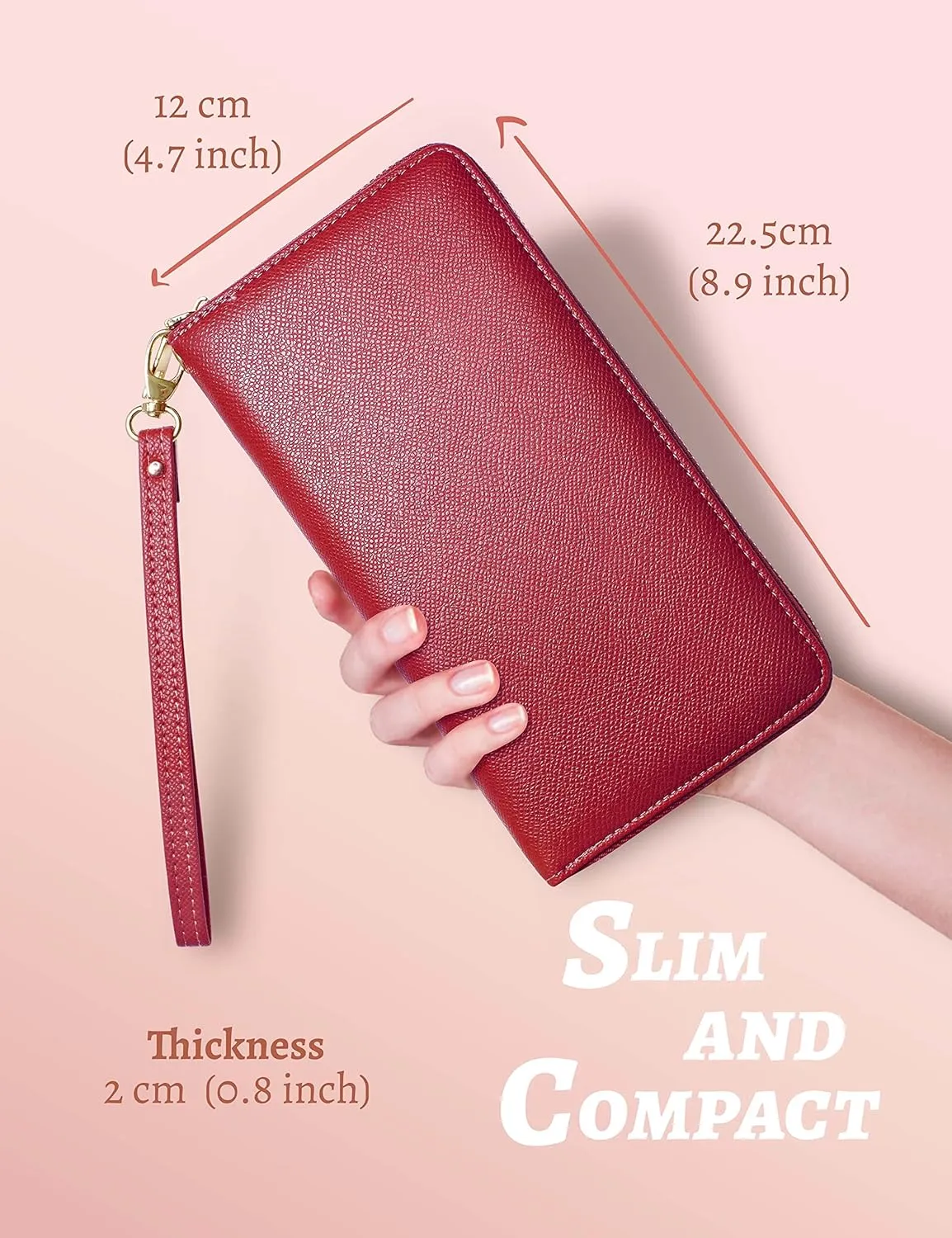 Yarnic Red Women Wallet -Wallet for Woman with Wristlet Band Wallet Credit Card Holder Clutch Money Pockets Case Coin Money Clip Organizer Purse with RFID Blocking Large Capacity with Zipper