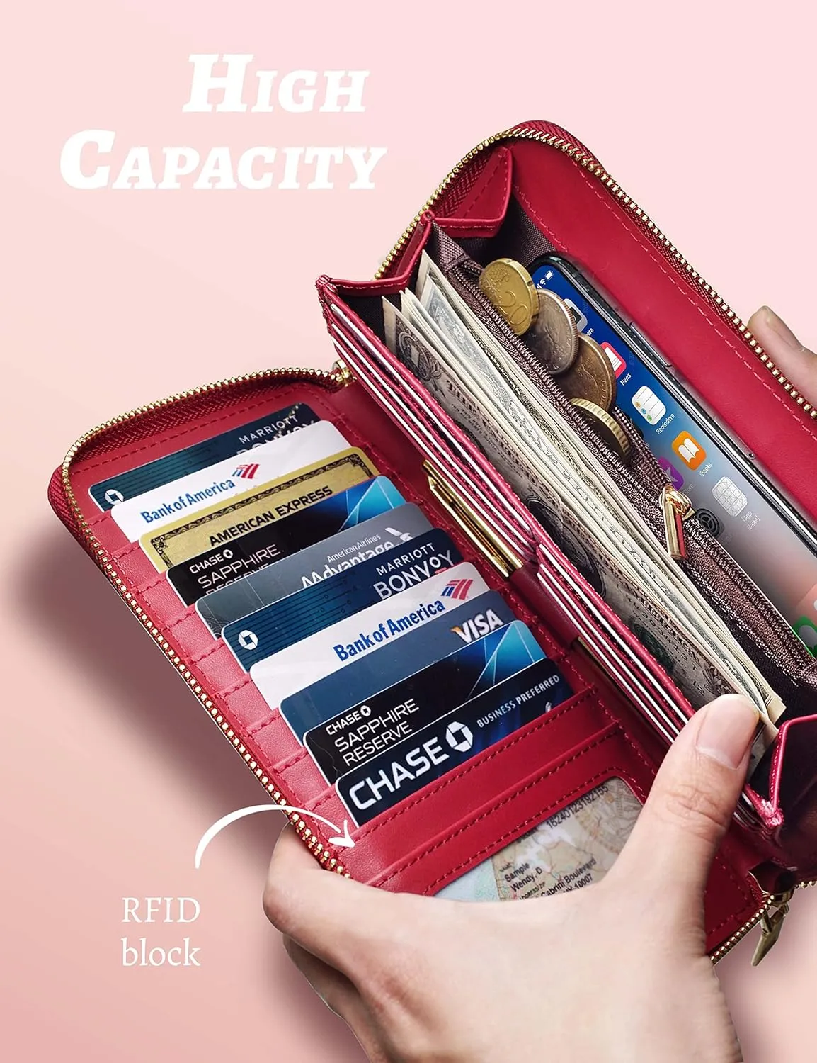 Yarnic Red Women Wallet -Wallet for Woman with Wristlet Band Wallet Credit Card Holder Clutch Money Pockets Case Coin Money Clip Organizer Purse with RFID Blocking Large Capacity with Zipper