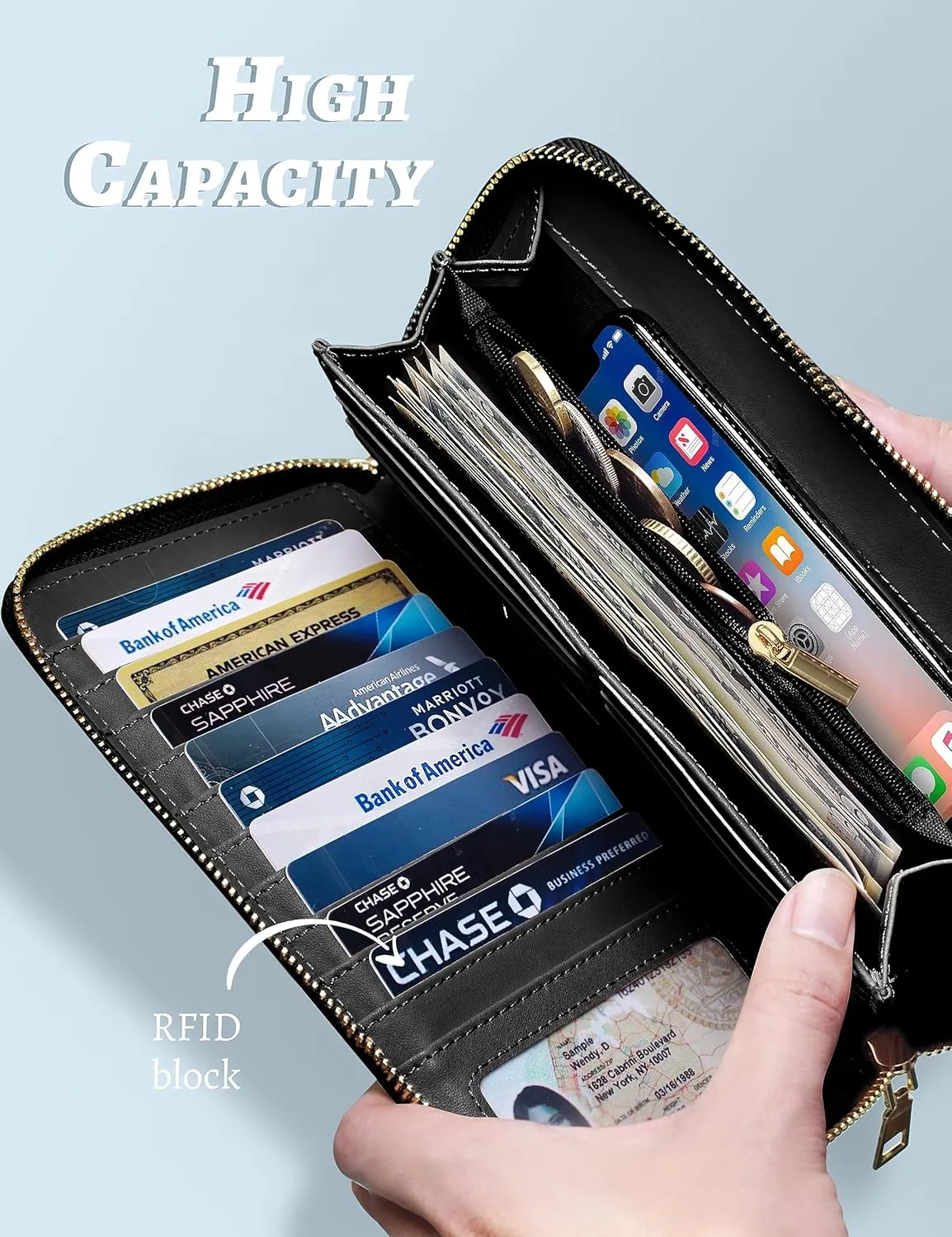 Yarnic Women's Wallet, Black, Faux Leather, RFID Protected, 8.9" x 4.7" x 0.8"