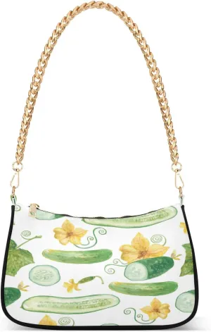 Yellow Floral Cucumbers Shoulder Bag for Women Hobo Tote Handbag Gold Chain Crossbody Bag with Zipper Clutch Purse Handbags