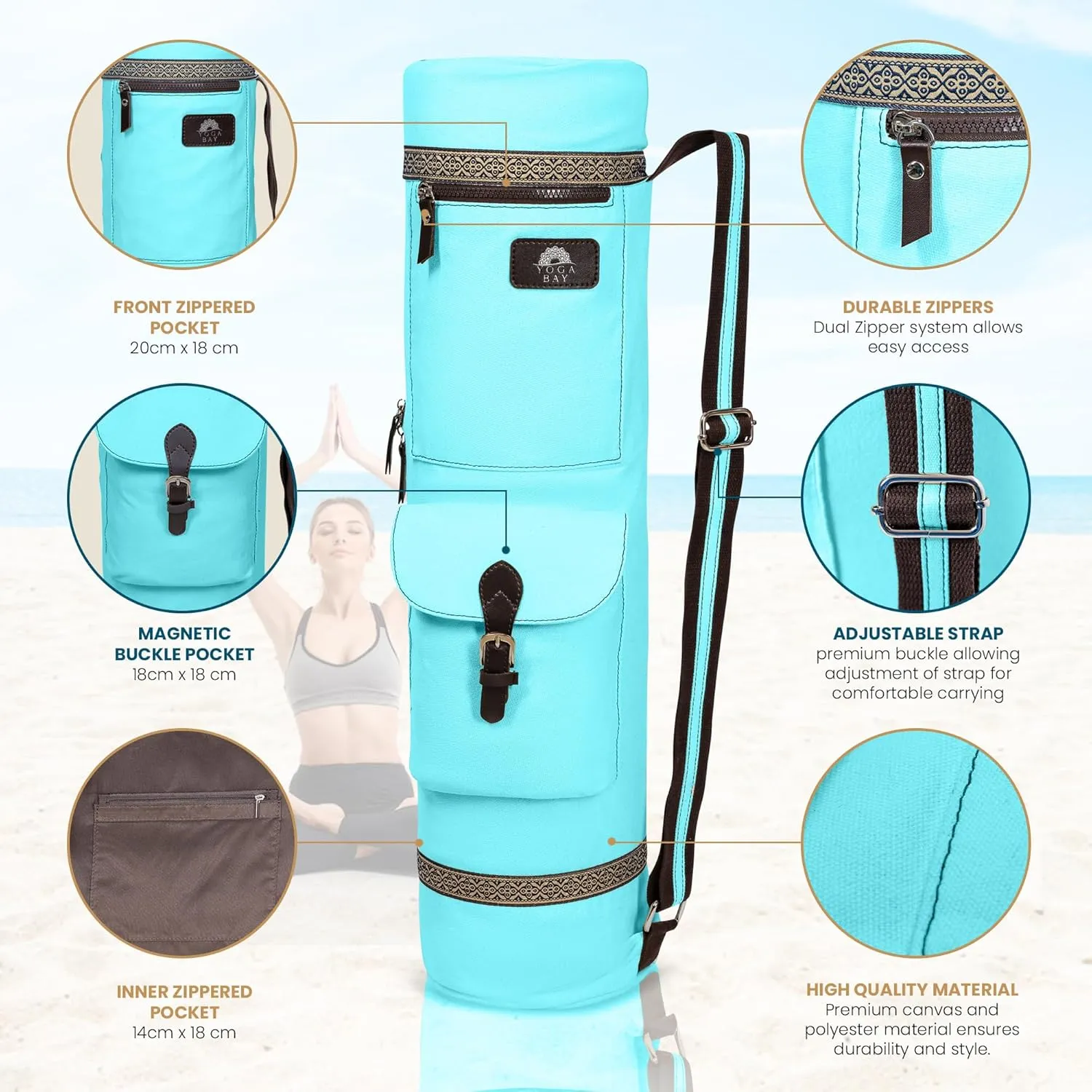 YOGABAY Yoga Mat Bag Carrier – 75cm x 17.5 cm Travel Bag Fits Yoga Mats – Durable Canvas Yoga Strap for Carrying Mat – Multiple Pockets and Adjustable Strap Yoga Bag for Mat