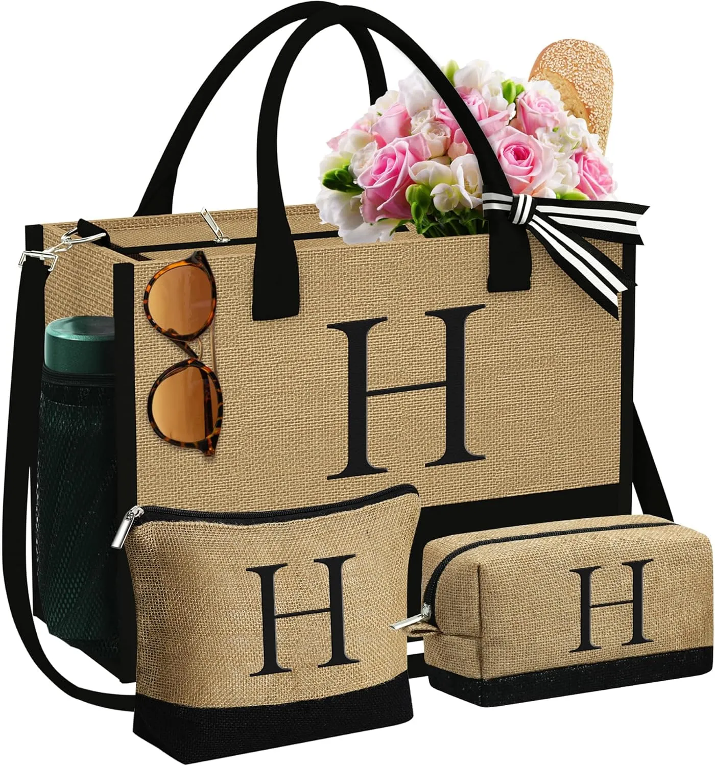 YOOLIFE Mothers Day Gifts - Initial Jute Tote Bag & 2 Makeup Bags Personalized Gifts for Women Teacher Mom Friend Birthday