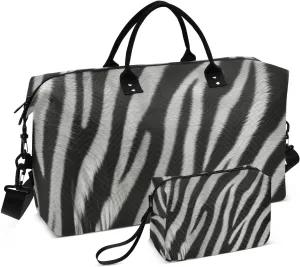 Zebra Fur Grey Large Travel Duffel Bag, Sports Tote Gym Bag, Shoulder Weekender Overnight Bag for Women Men, Carry On Luggage with Toiletry Bags