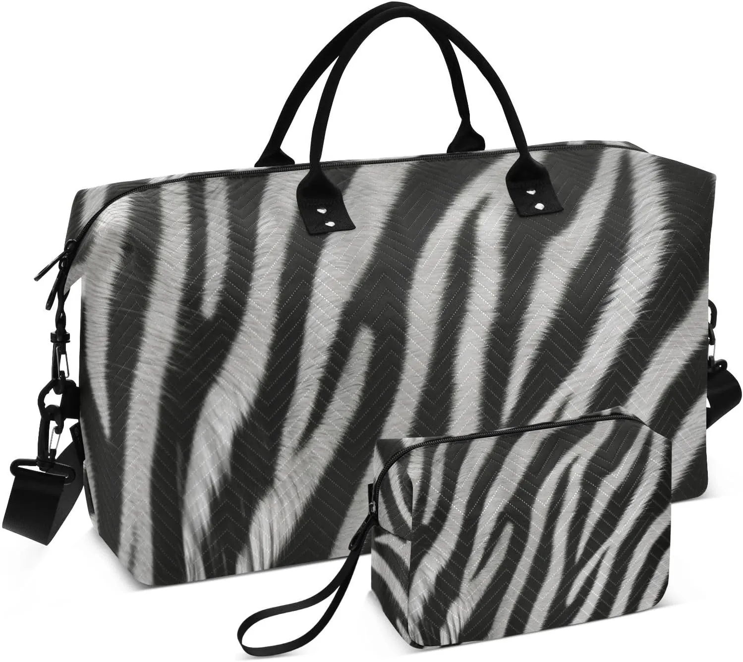 Zebra Fur Grey Large Travel Duffel Bag, Sports Tote Gym Bag, Shoulder Weekender Overnight Bag for Women Men, Carry On Luggage with Toiletry Bags