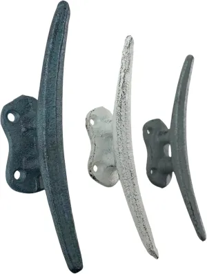 Zeckos Set of 3 Cast Iron Boat Cleat Wall Hooks in Coastal Blue, Gray, and White – 5.5-Inch Decorative Nautical Hooks for Towel, Key, or Coat Hanging